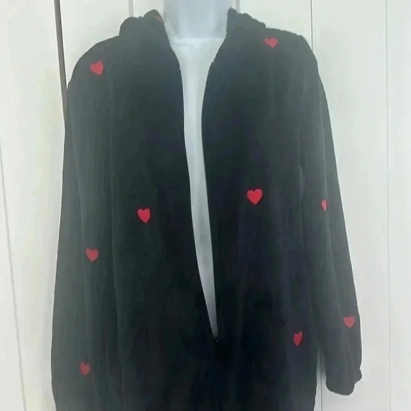 PINK Victoria's Secret Black Hooded Red Heart Print Onesie Lounge Wear XS Small - Picture 3 of 7